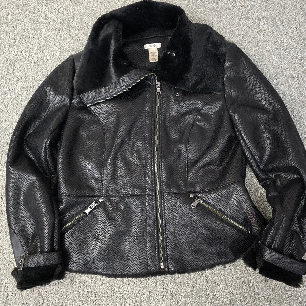 VTG Cache Faux Snakeskin Shimmer Leather Fur Trim Zip Jacket Womens L